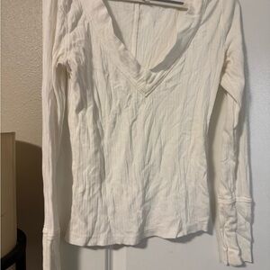 Free People Cream V-Neck Long Sleeve Top